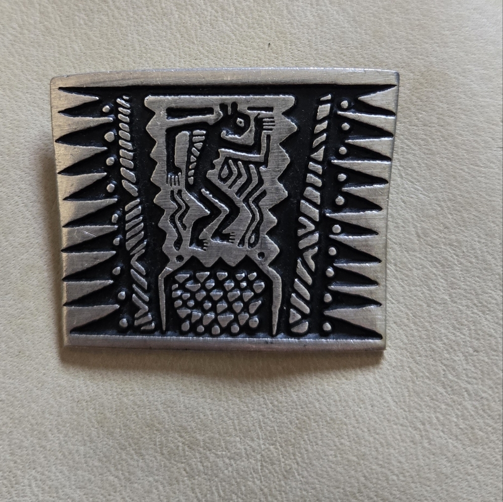 Silver-Tone Black Tribal Pattern Women's Brooch